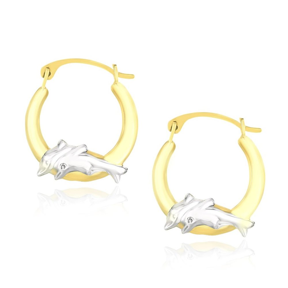 Graduated Hoop Earrings with Dolphins in 10k Two-Tone Gold